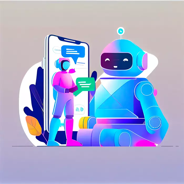 robot coloré discutant avec un humain