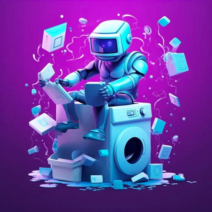 a robot sitting on a washing machine
