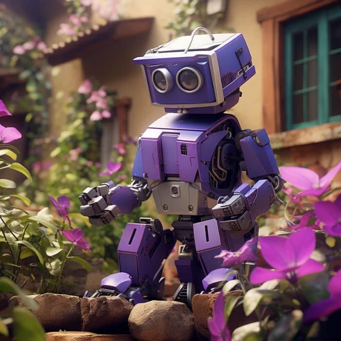 a robot who gardening in the garden of his house