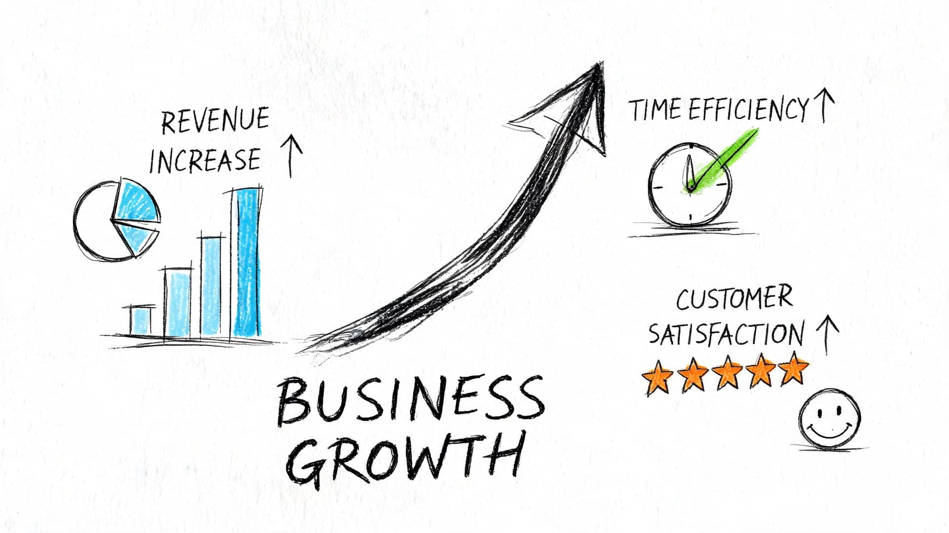 Illustration dessinée à la main montrant la croissance commerciale, l'augmentation des revenus, l'efficacité temporelle et la satisfaction client.