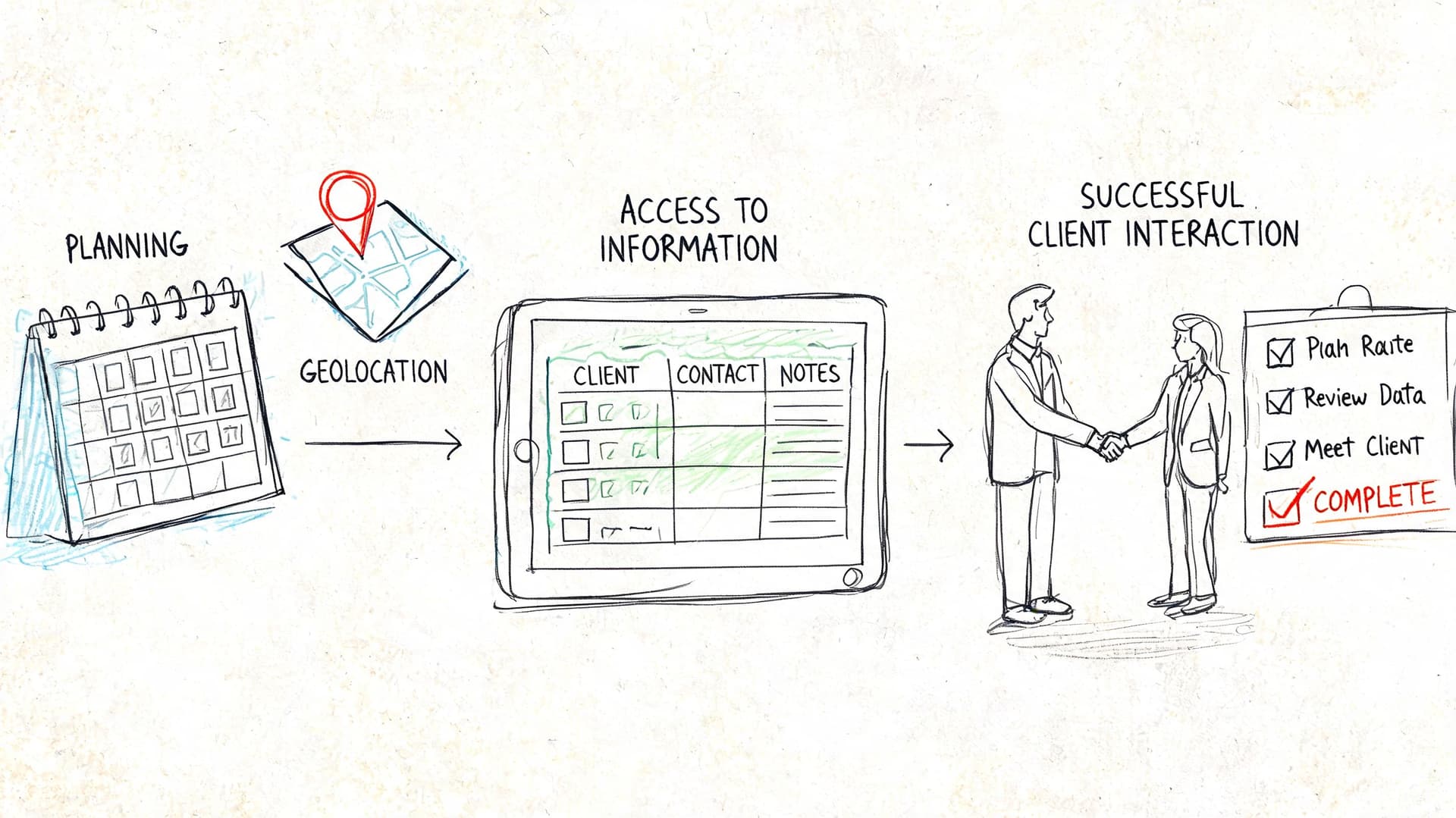 Illustration montrant le processus de planification et d'interaction client pour une application de gestion commerciale.