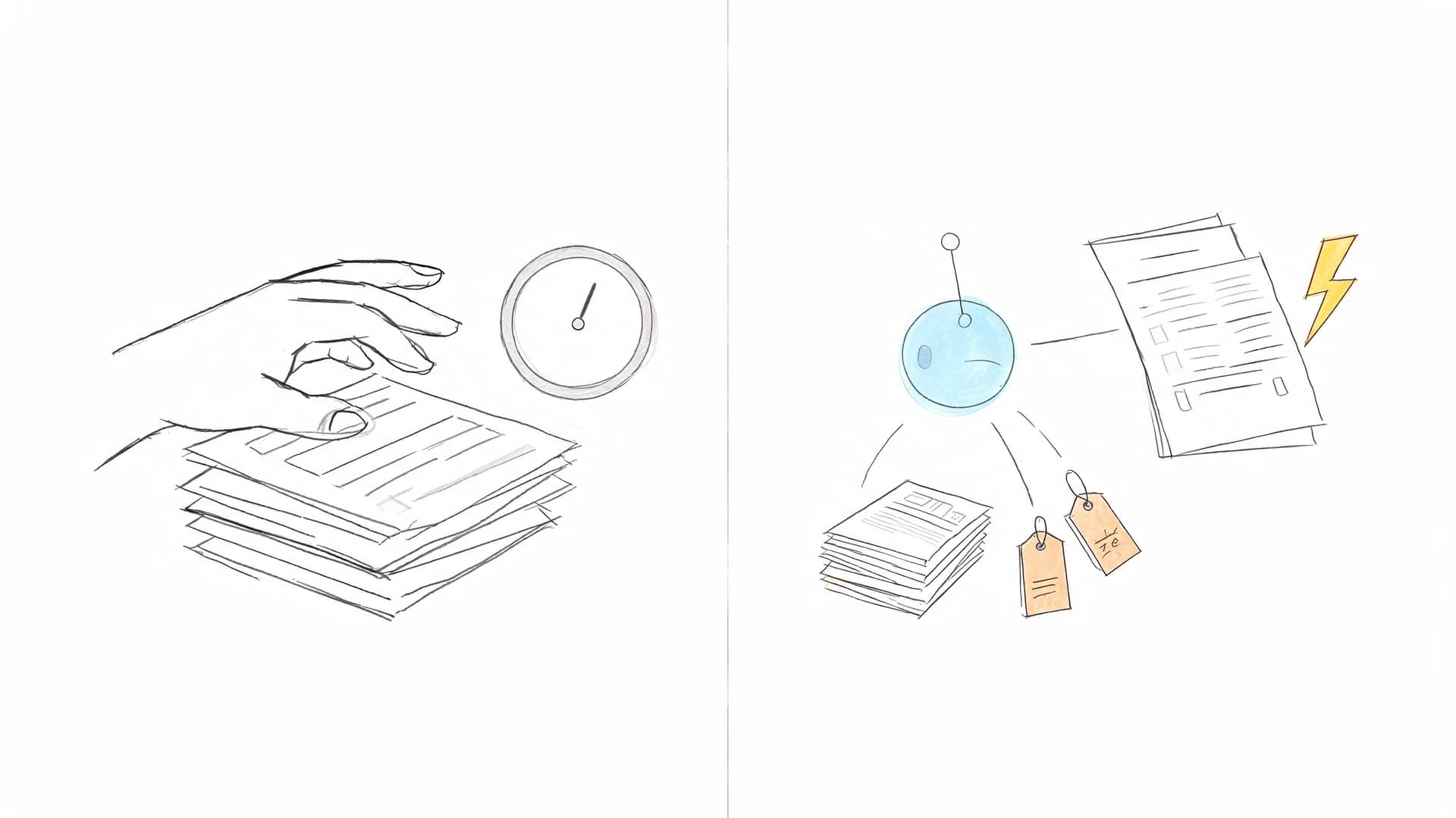 Une illustration comparant le traitement manuel fastidieux de documents avec une automatisation rapide et efficace par logiciel.