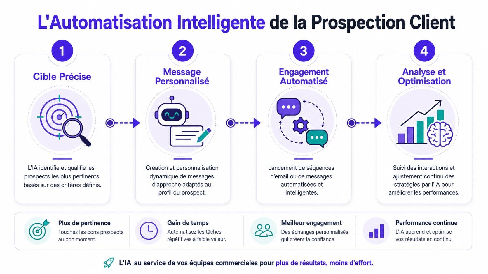 Infographie illustrant les quatre étapes clés de l'automatisation intelligente pour la prospection commerciale efficace des clients.