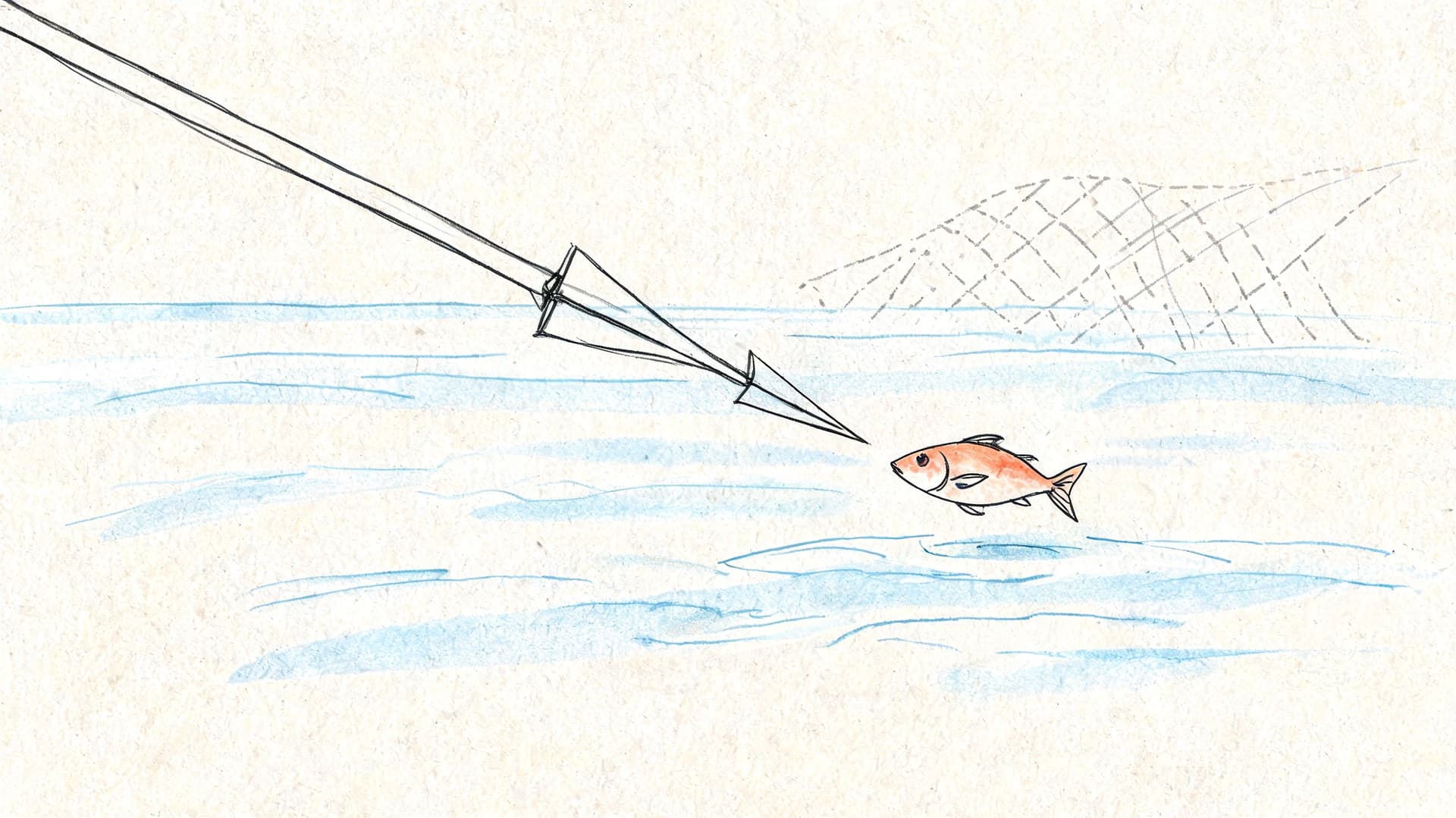 Un dessin montrant une lance visant un poisson dans l'eau avec un filet en arrière-plan.