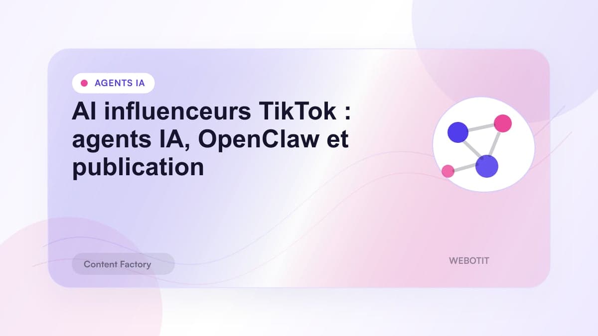 Illustration éditoriale pour AI influenceurs TikTok : agents IA, OpenClaw et publication