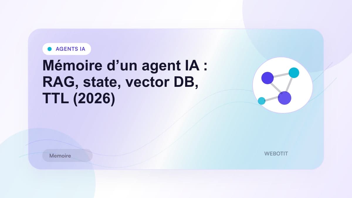 Illustration éditoriale pour Mémoire d’un agent IA : RAG, state, vector DB, TTL (2026)