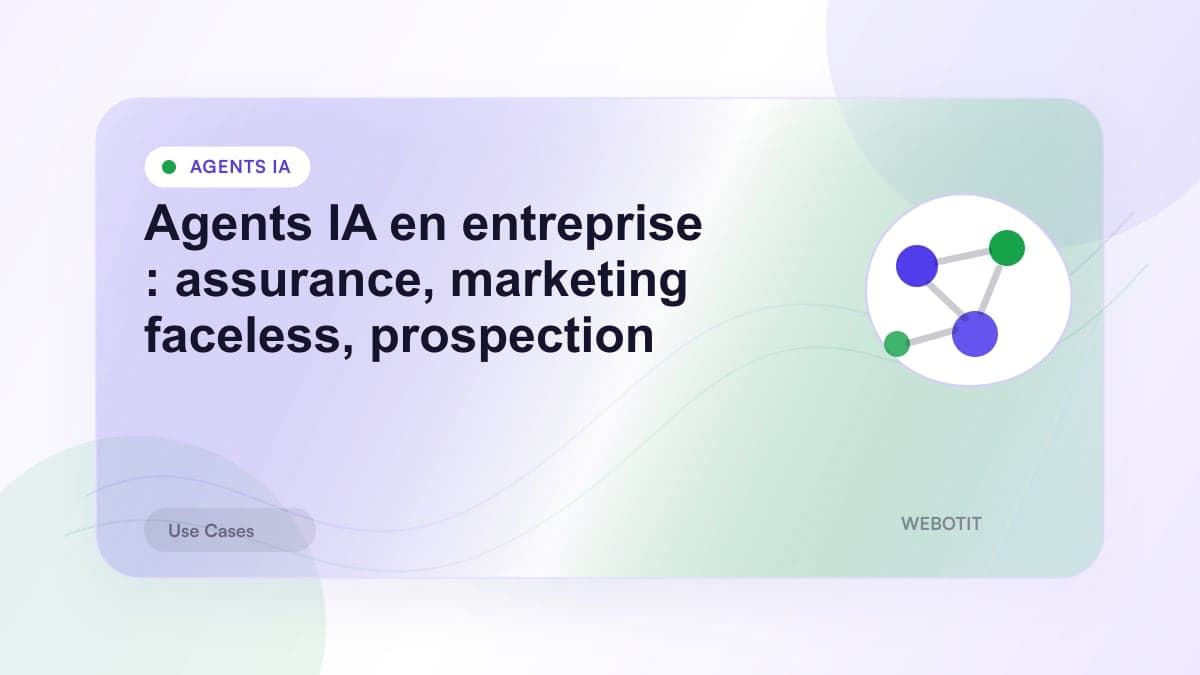 Illustration éditoriale pour Agents IA en entreprise : assurance, marketing faceless, prospection