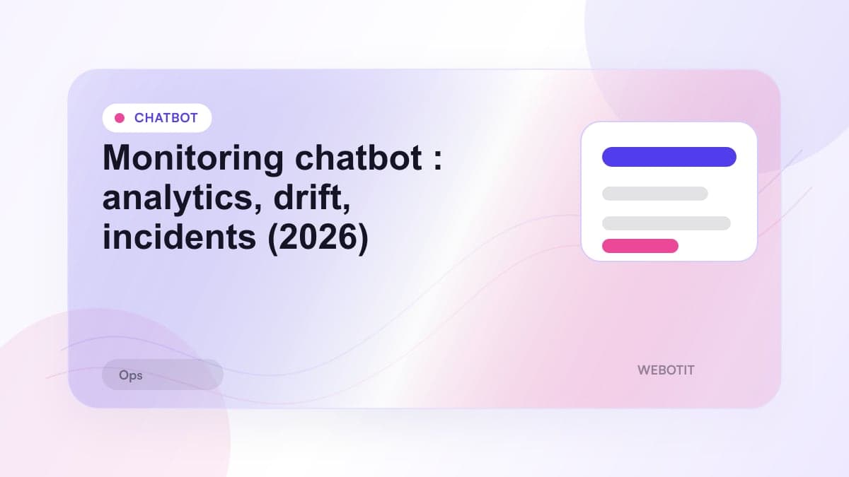 Illustration éditoriale pour Monitoring chatbot : analytics, drift, incidents (2026)