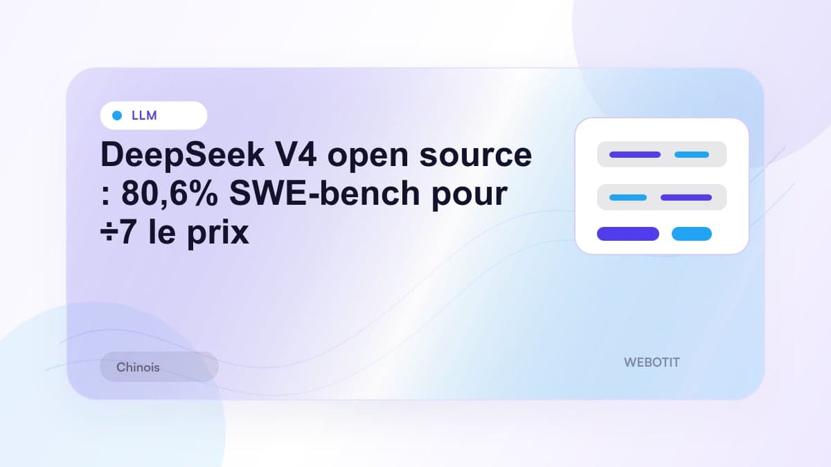 Illustration éditoriale pour DeepSeek V4 open source : 80,6% SWE-bench pour ÷7 le prix
