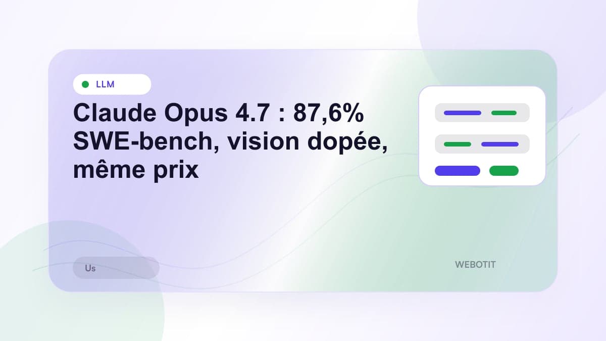 Illustration éditoriale pour Claude Opus 4.7 : 87,6% SWE-bench, vision dopée, même prix