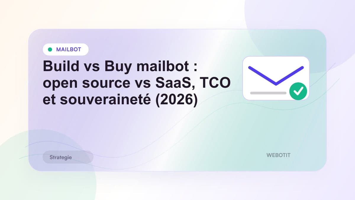 Illustration éditoriale pour Build vs Buy mailbot : open source vs SaaS, TCO et souveraineté (2026)