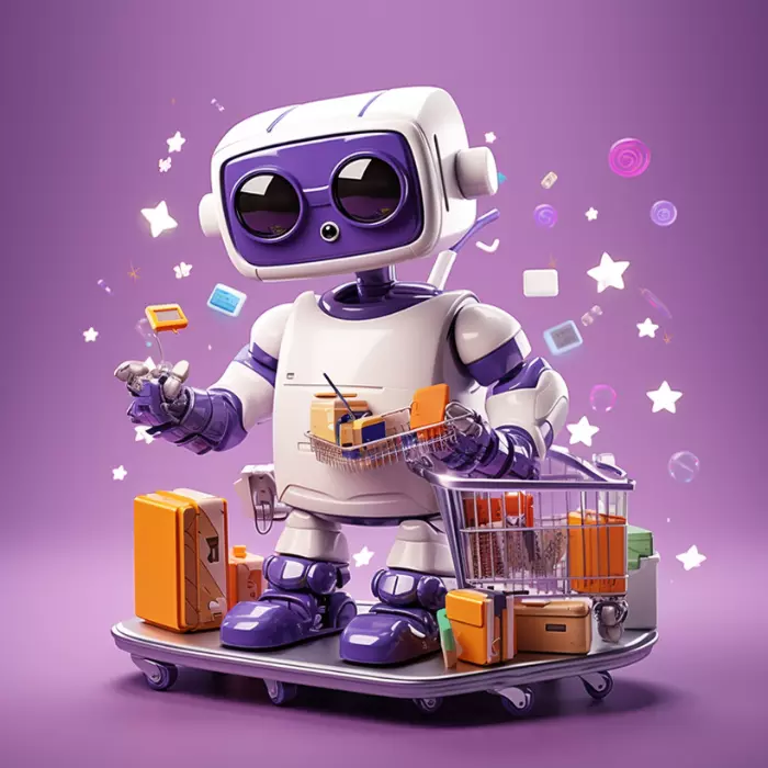 A chatbot holding a shopping cart full of items.