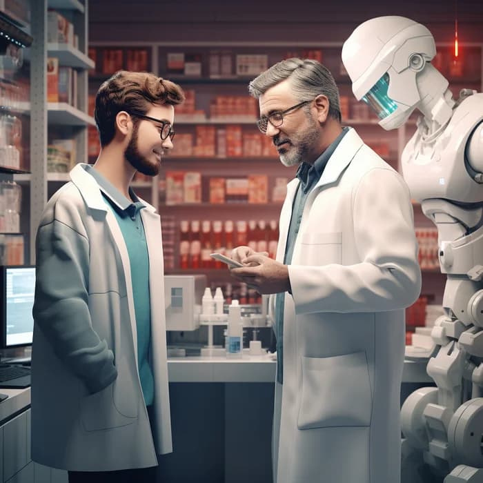 Client conseillé dans une pharmacie avec assistance conversationnelle