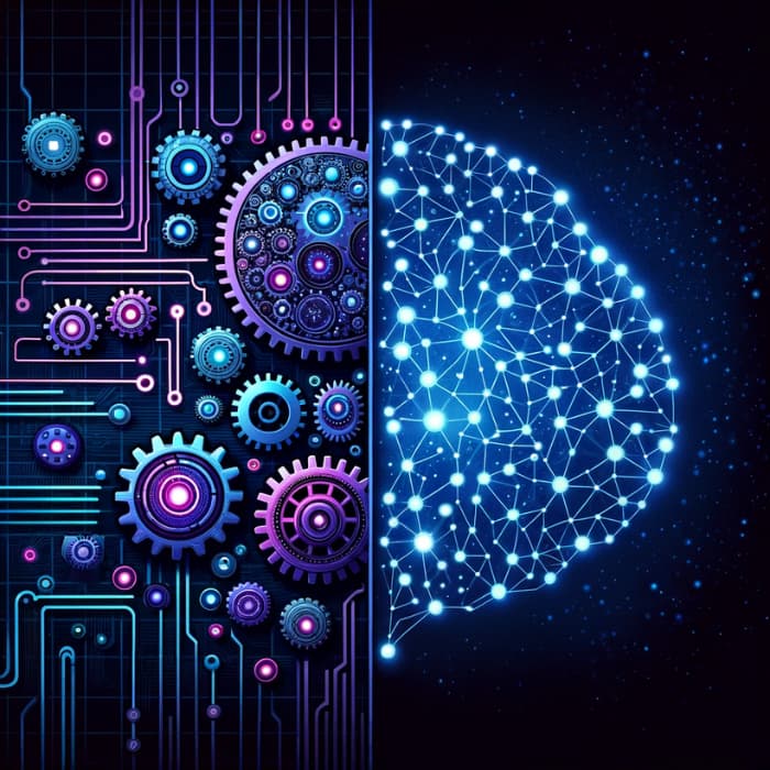 illustration du machine learning représenté comme un ensemble d'engrenages vs le deep learning représenté comme un ensemble de neurones