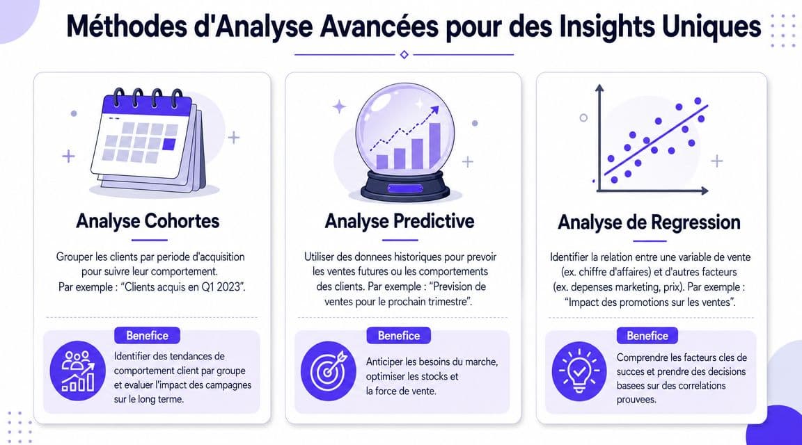 Illustration des trois méthodes d'analyse avancées : analyse de cohortes, analyse prédictive et analyse de régression pour entreprise.