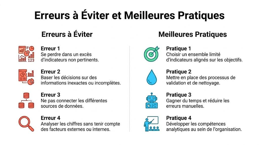 Tableau comparatif des erreurs à éviter et des meilleures pratiques pour une analyse de données efficace.