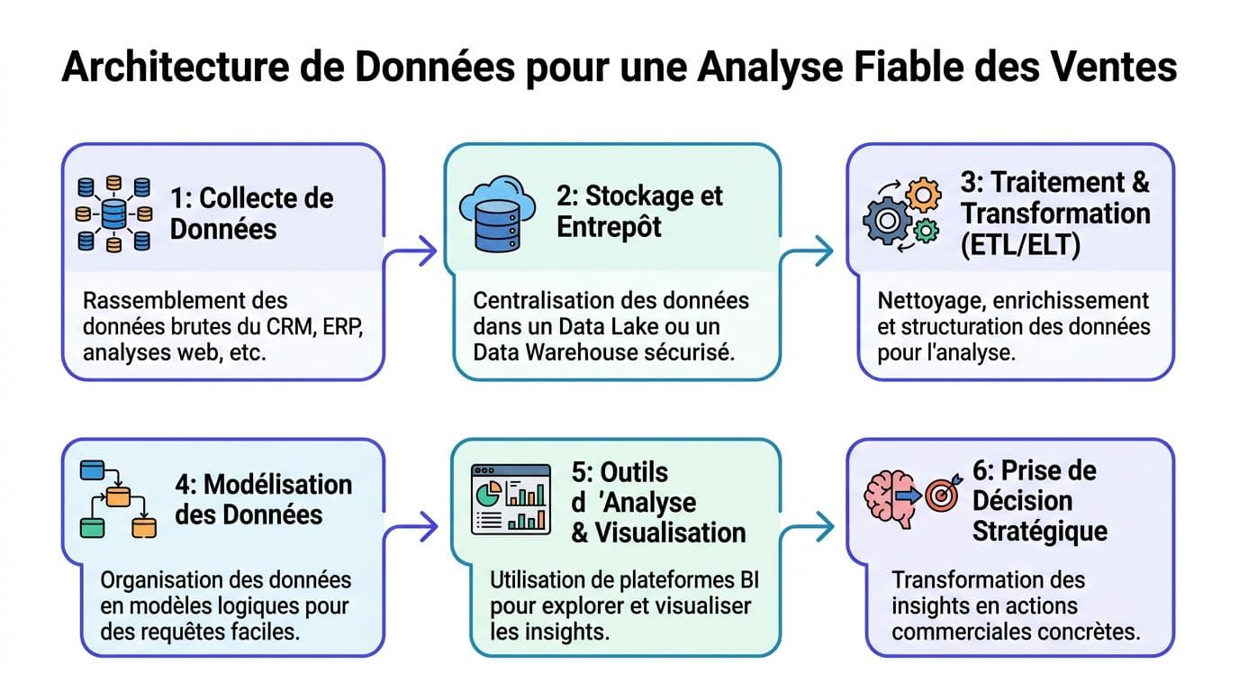 Schéma illustrant les six étapes clés pour mettre en place une architecture de données fiable en entreprise.