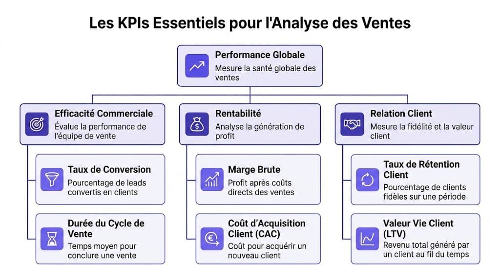 Organigramme illustrant les indicateurs clés de performance essentiels pour une analyse efficace des données de ventes.