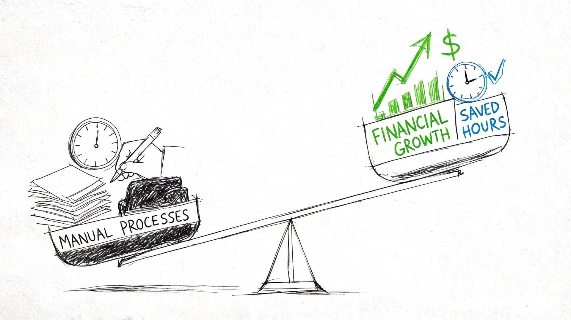 Une balance illustrant le remplacement des processus manuels chronophages par la croissance financière et le gain de temps.