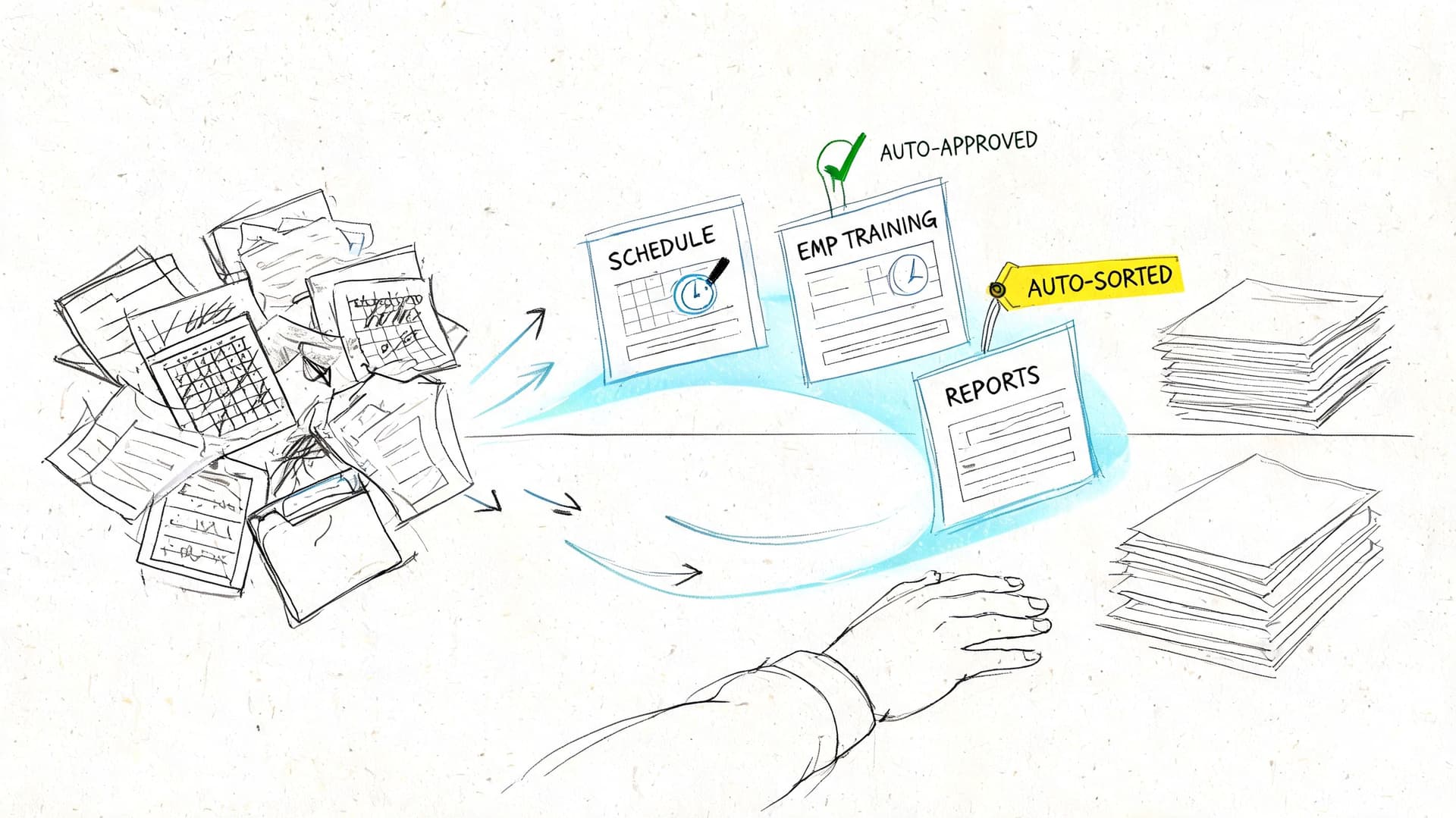 Illustration montrant l'automatisation du traitement des documents administratifs pour les centres de formation professionnelle.