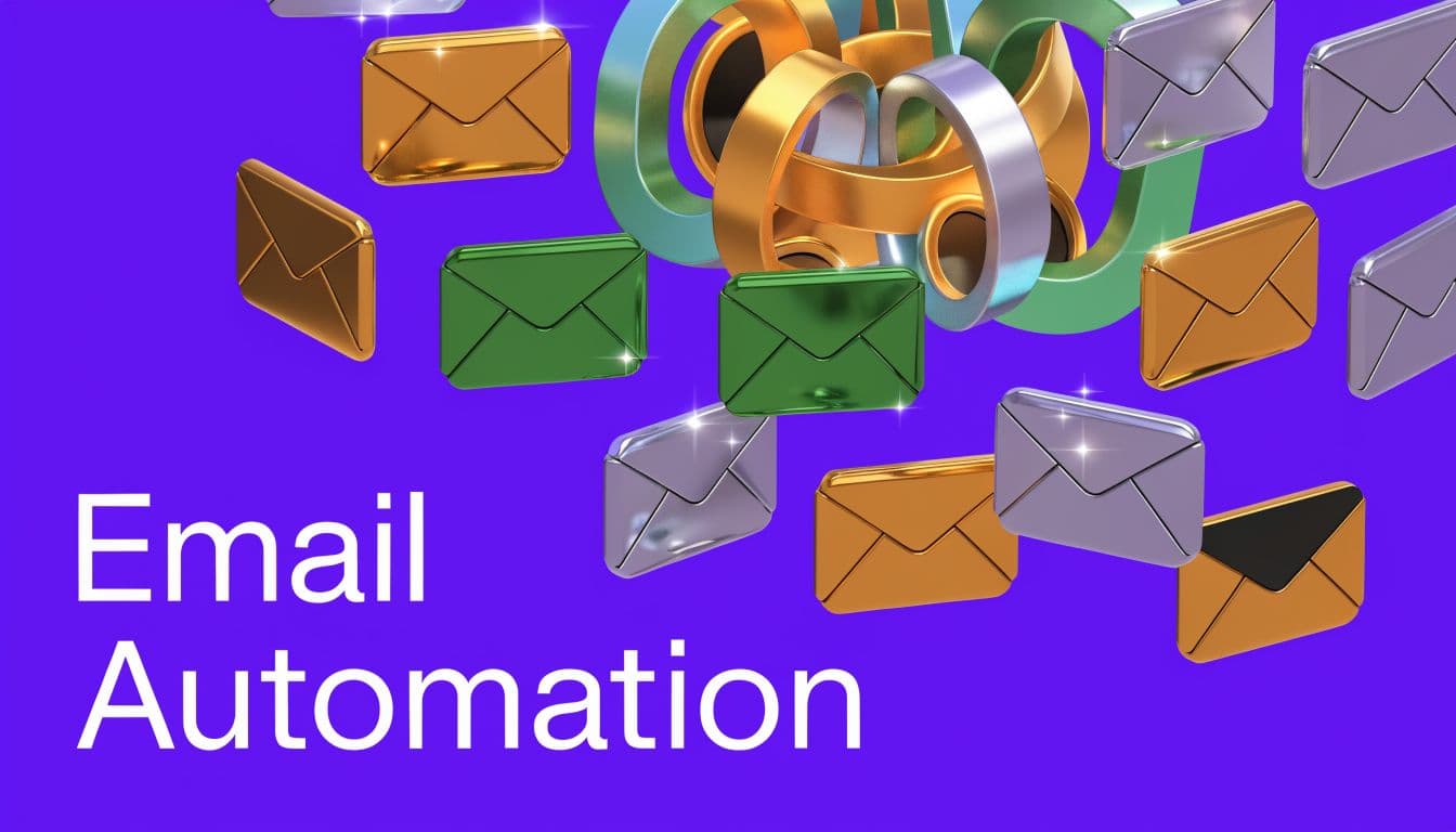 Une image 3D montrant des icônes d'enveloppes colorées flottant sur un fond violet avec le texte Email Automation.