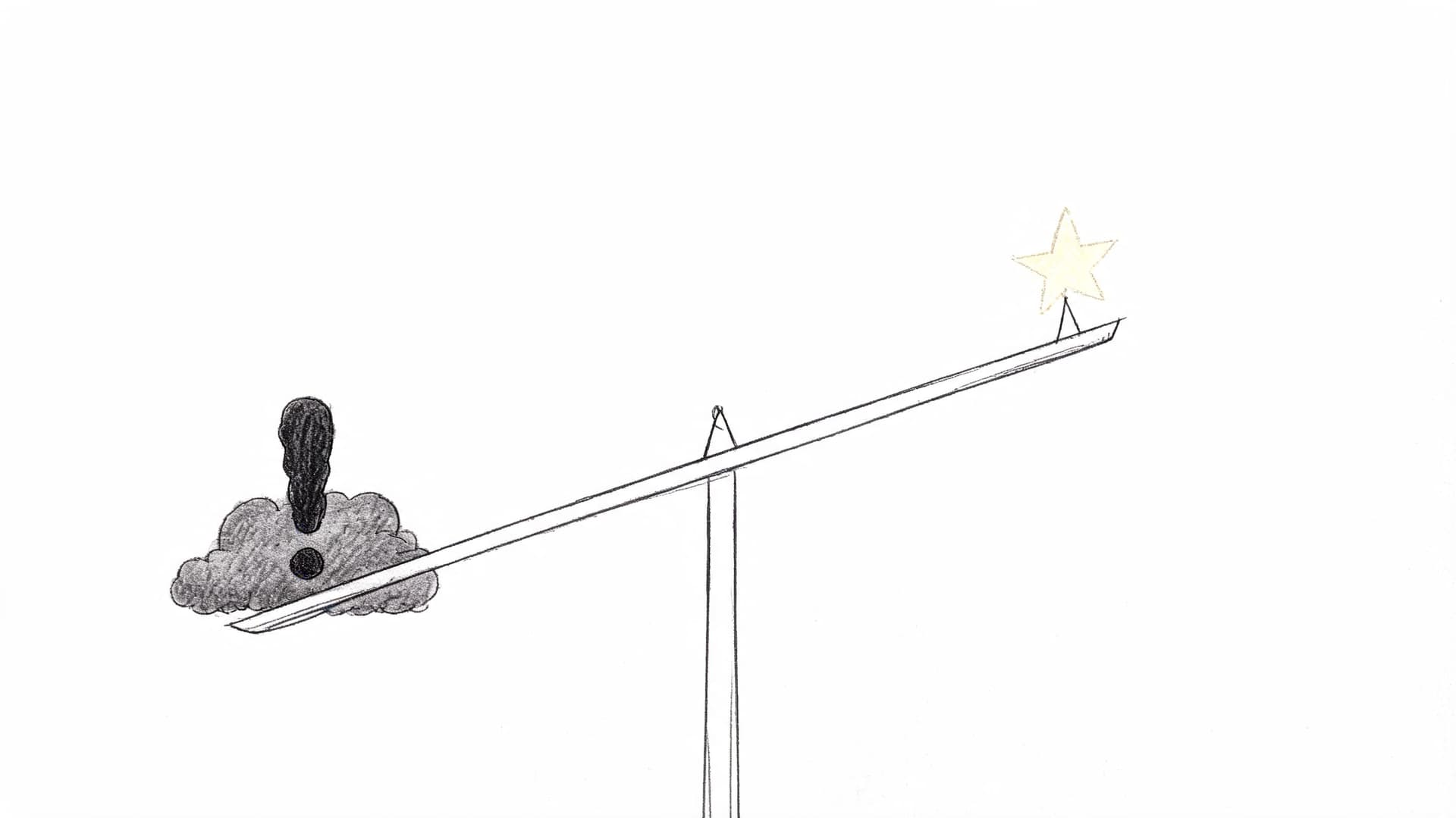 Une bascule montrant un nuage noir avec un point d'exclamation équilibré par une étoile brillante jaune.