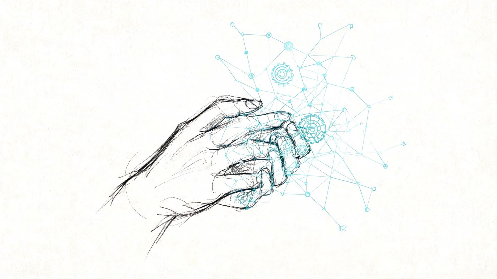 Dessin au trait d'une main manipulant des engrenages numériques et un réseau complexe de points connectés.