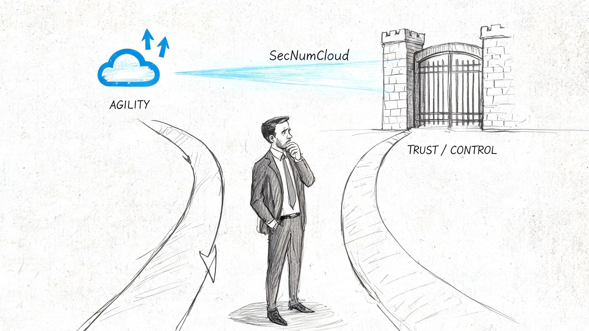 Un homme d'affaires pensif devant un choix entre l'agilité du cloud et la sécurité du SecNumCloud.