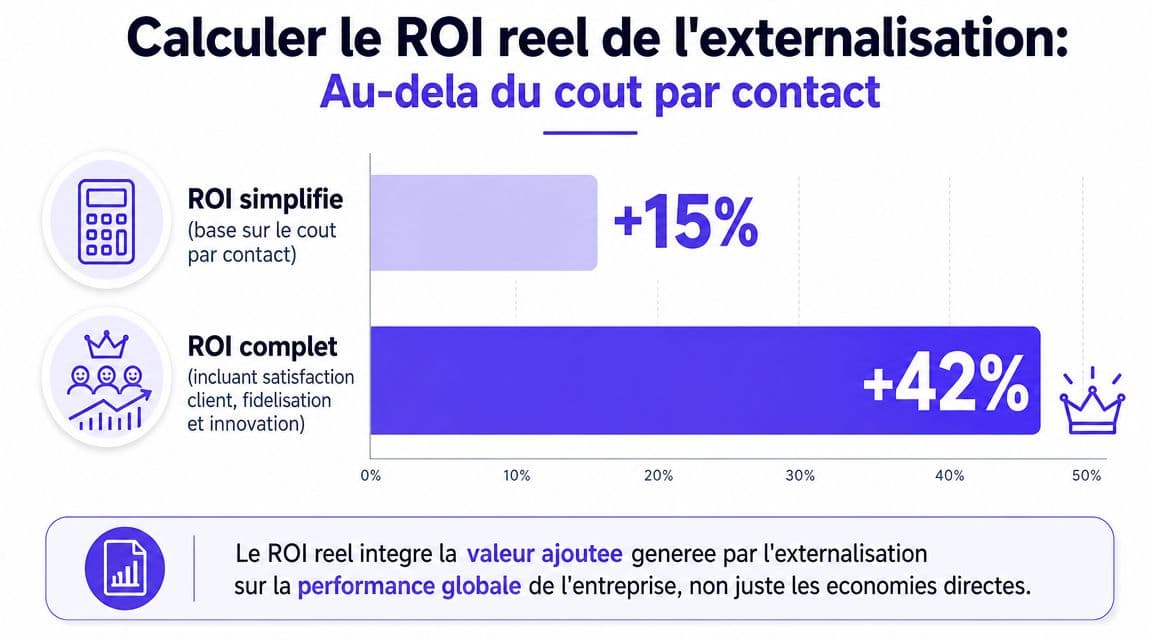 Graphique montrant la différence entre le ROI simplifié et le ROI complet d'une externalisation de service client.