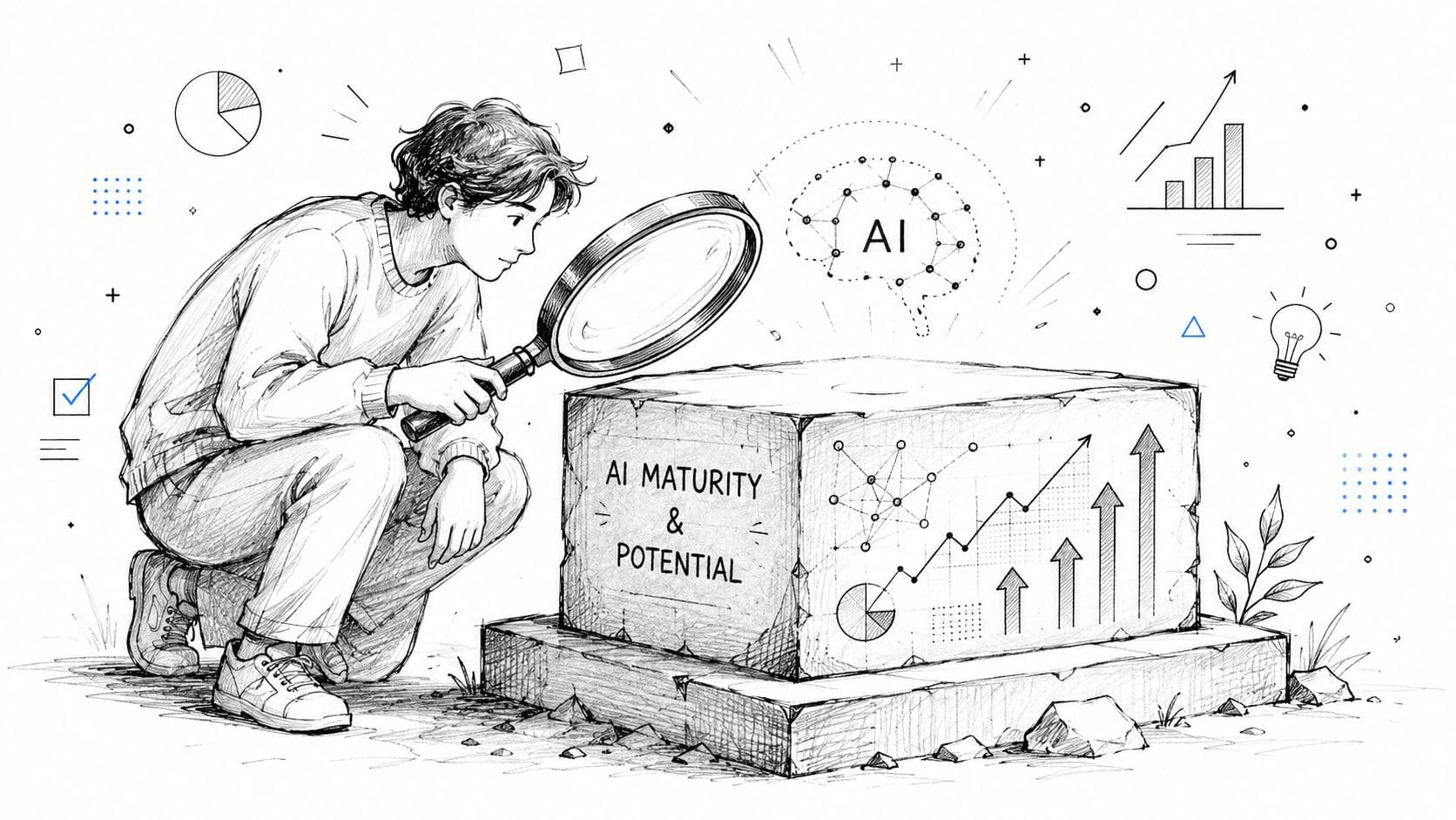 Une illustration au trait montrant un jeune homme examinant une pierre portant l'inscription AI Maturity & Potential.