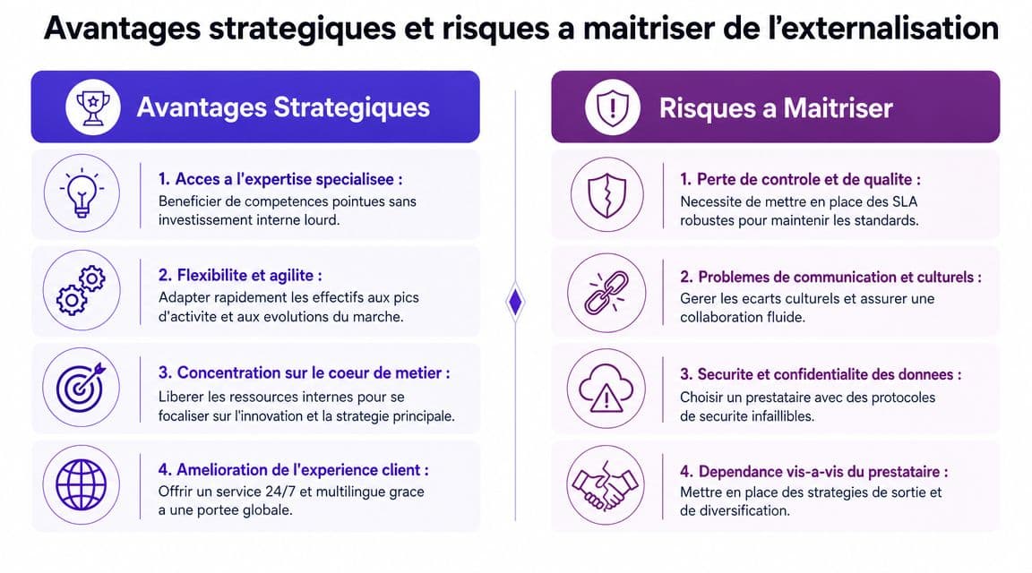 Tableau comparatif illustrant les avantages stratégiques et les risques associés au processus d'externalisation des services.