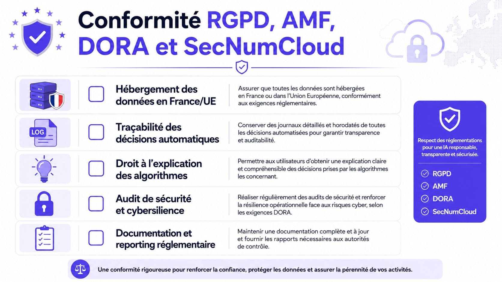 Infographie présentant la conformité RGPD, AMF, DORA et SecNumCloud pour une intelligence artificielle responsable et sécurisée en entreprise.