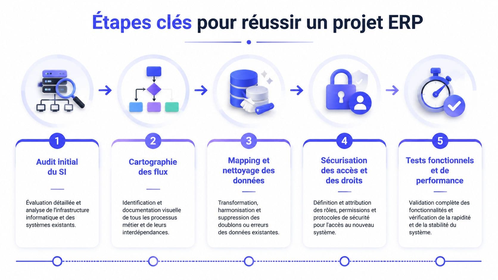 Infographie illustrant les cinq étapes clés pour la réussite d'un projet d'implémentation d'un système ERP.