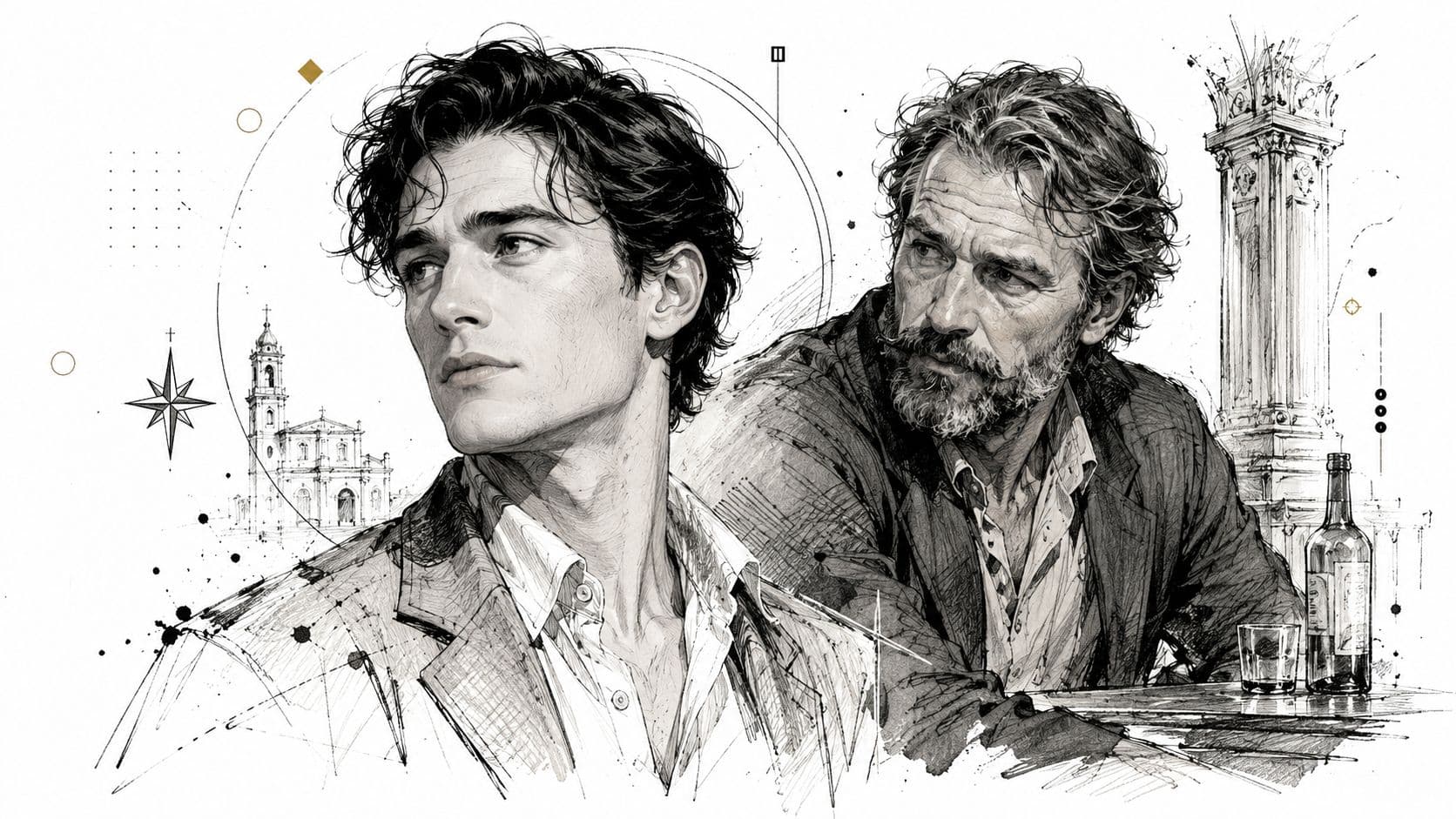 Illustration artistique de deux hommes en conversation devant une cathédrale et un monument historique.