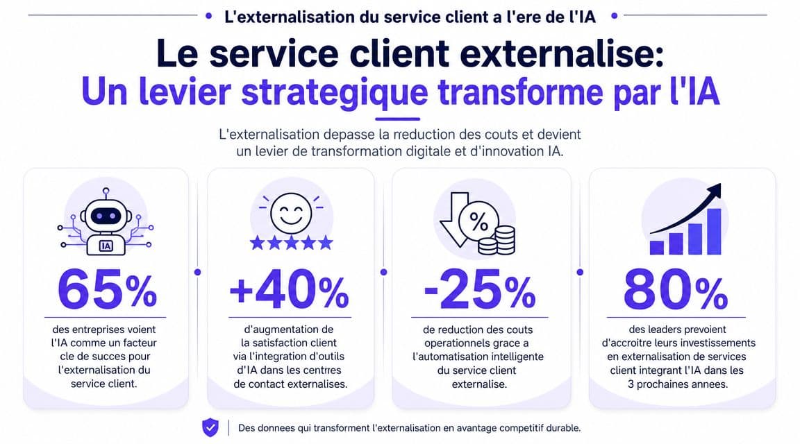 Infographie montrant comment l'intelligence artificielle transforme l'externalisation du service client en un avantage stratégique compétitif.