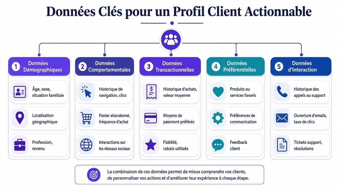 Infographie illustrant les cinq catégories de données essentielles pour créer un profil client complet et actionnable.