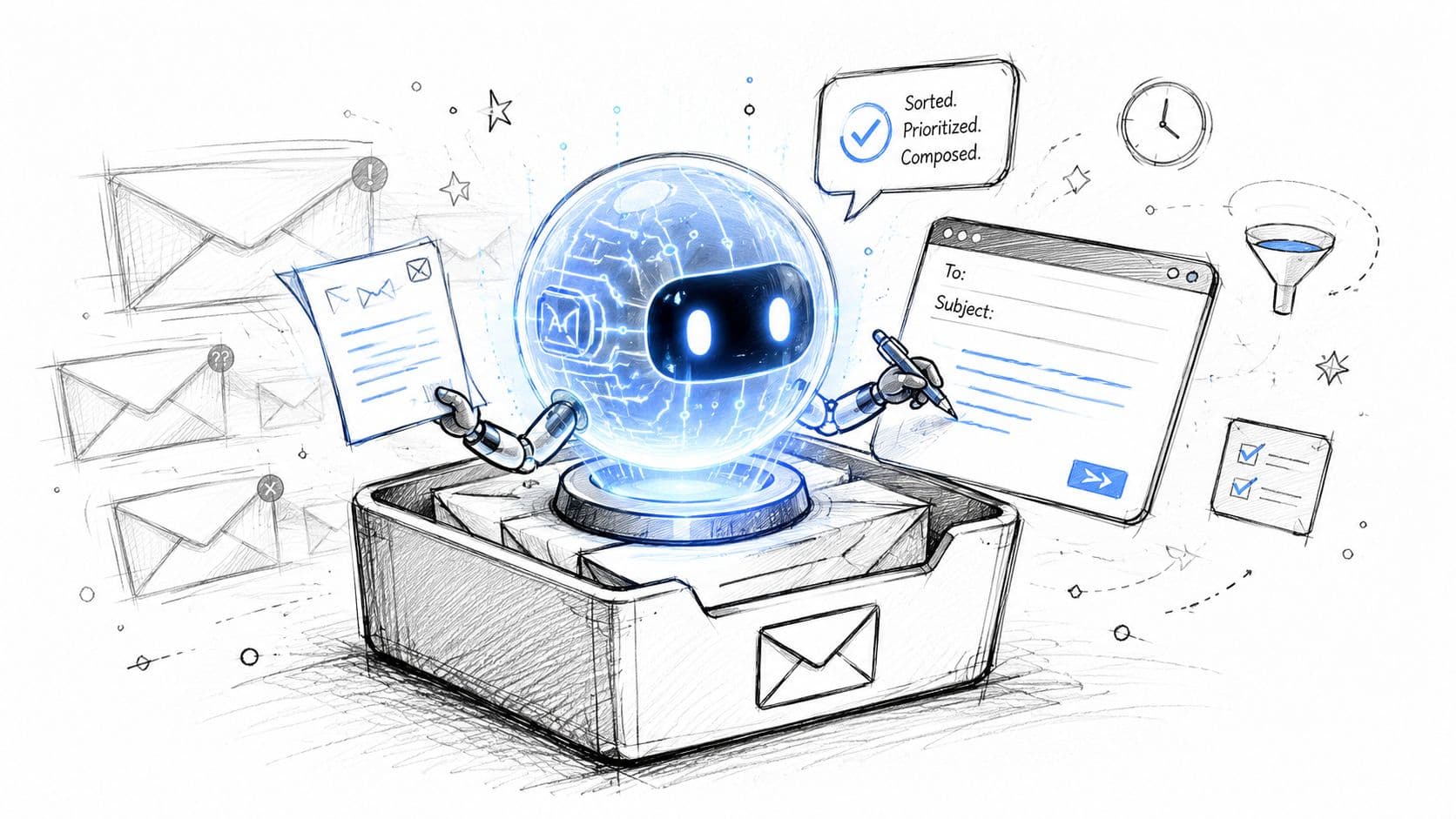 Un petit robot intelligent triant et rédigeant des e-mails pour automatiser la gestion de votre boîte de réception.