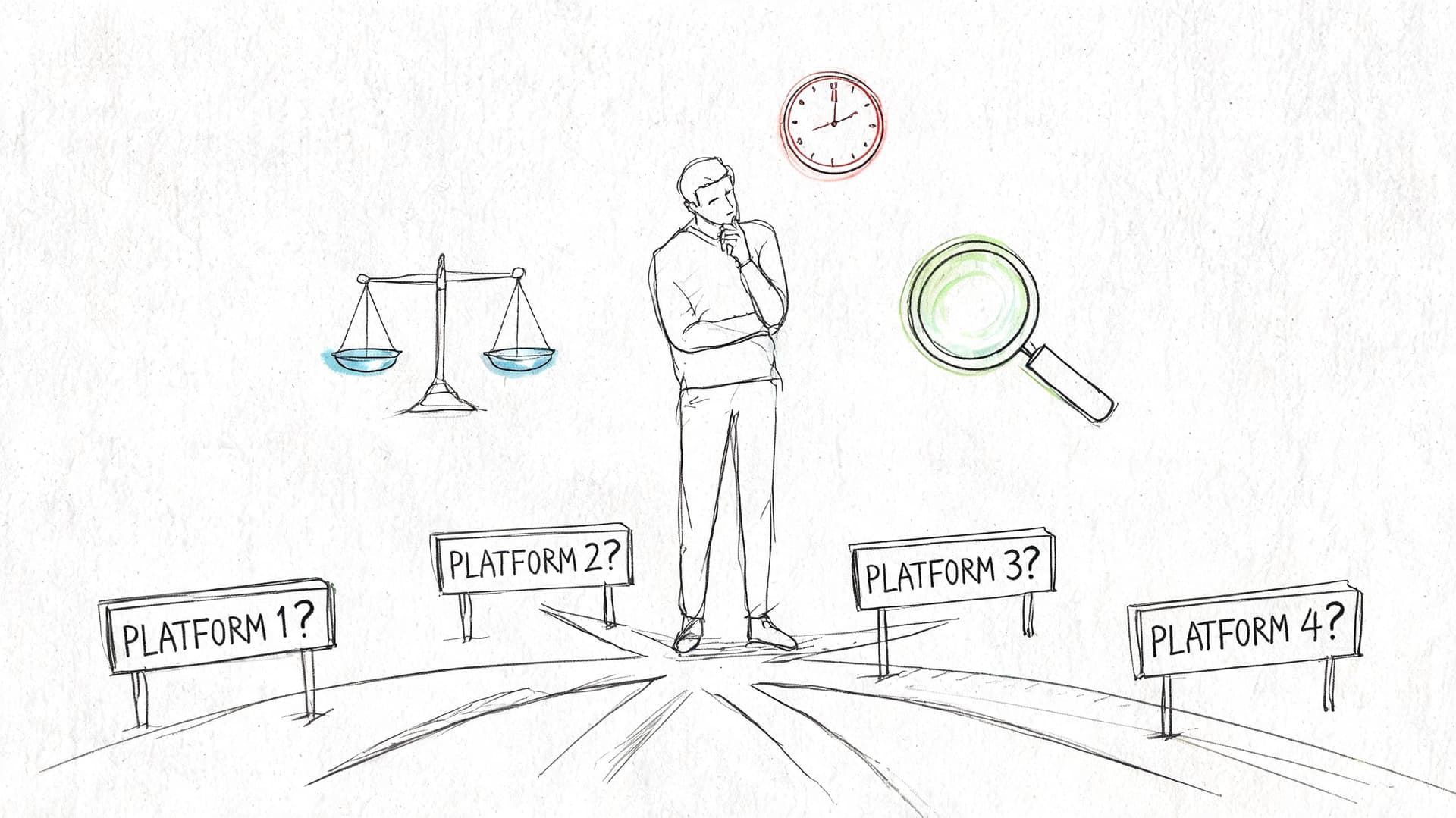 Une personne réfléchit face à quatre panneaux indiquant différentes plateformes avec une balance et une loupe.