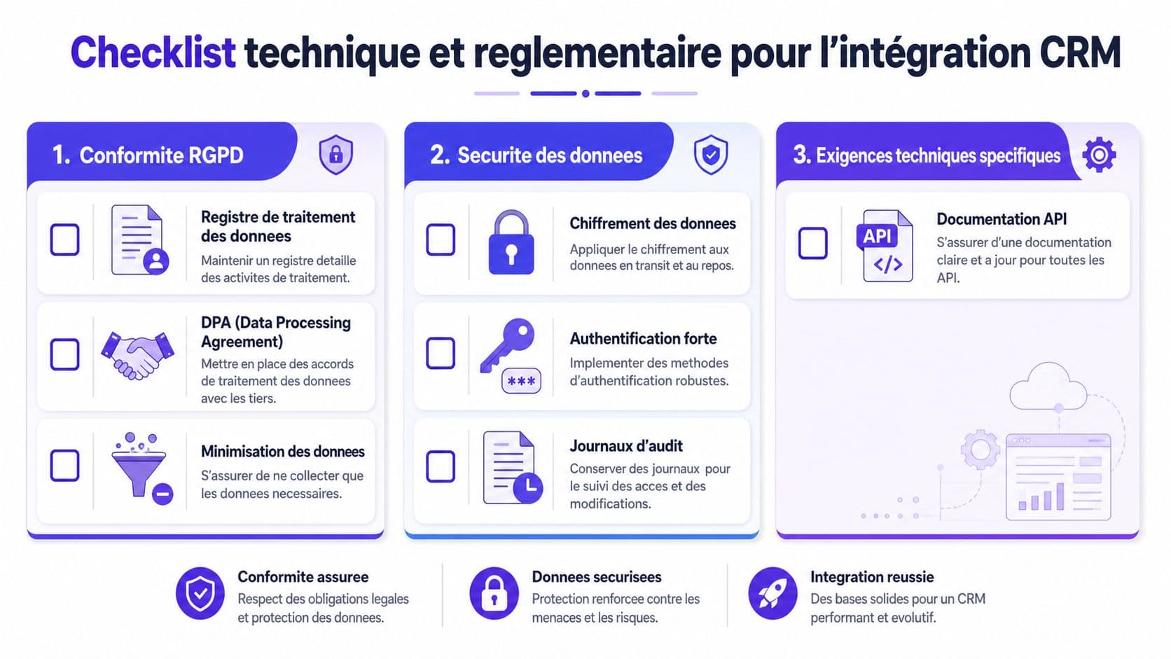 Checklist technique et réglementaire illustrant les étapes essentielles pour réussir une intégration CRM sécurisée et conforme.
