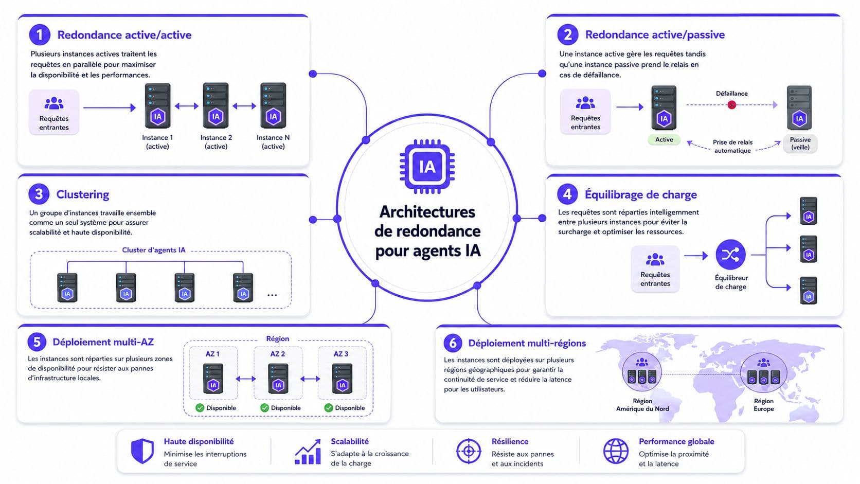 Schéma illustrant six stratégies d'architectures de redondance pour assurer la haute disponibilité des agents d'intelligence artificielle.