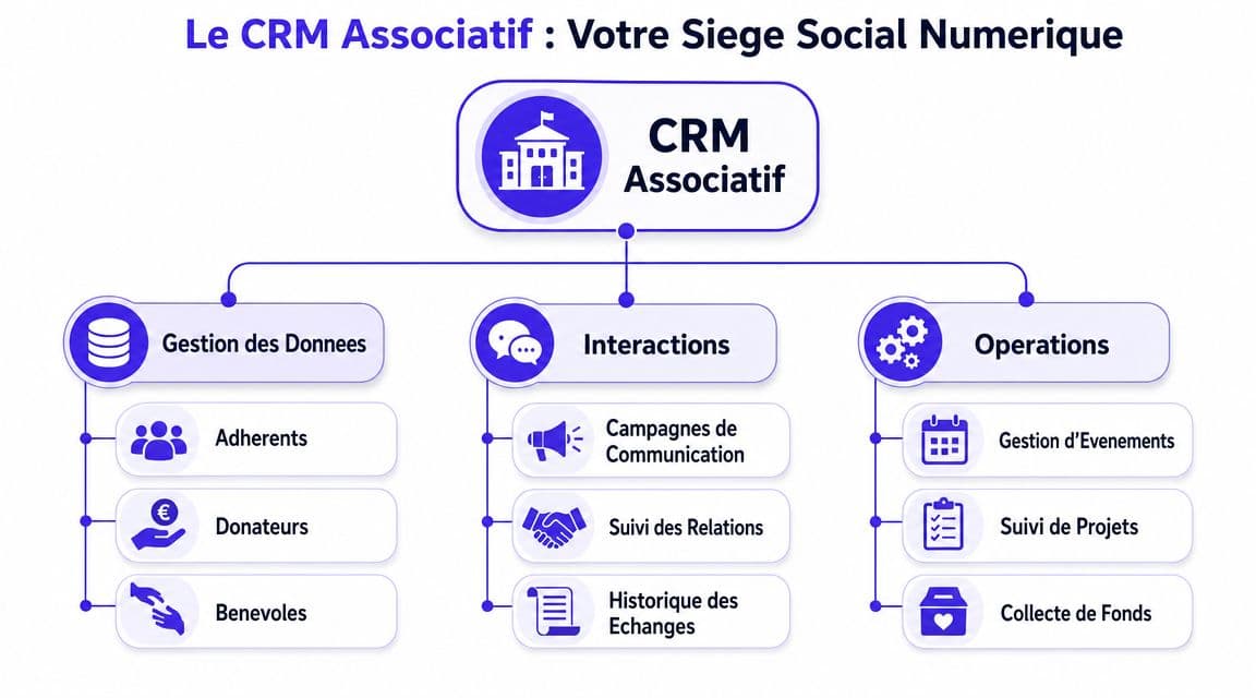 Schéma organisationnel des fonctionnalités principales d'un logiciel CRM conçu pour la gestion efficace des associations.