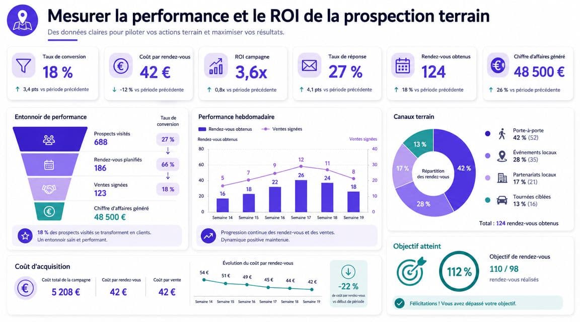 Tableau de bord de suivi montrant les indicateurs clés de performance et le retour sur investissement de la prospection terrain.