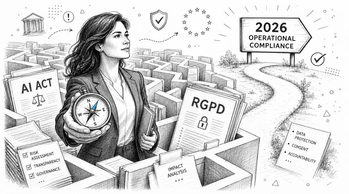 Une femme d'affaires avec une boussole navigue dans un labyrinthe réglementaire incluant l'IA Act et le RGPD.