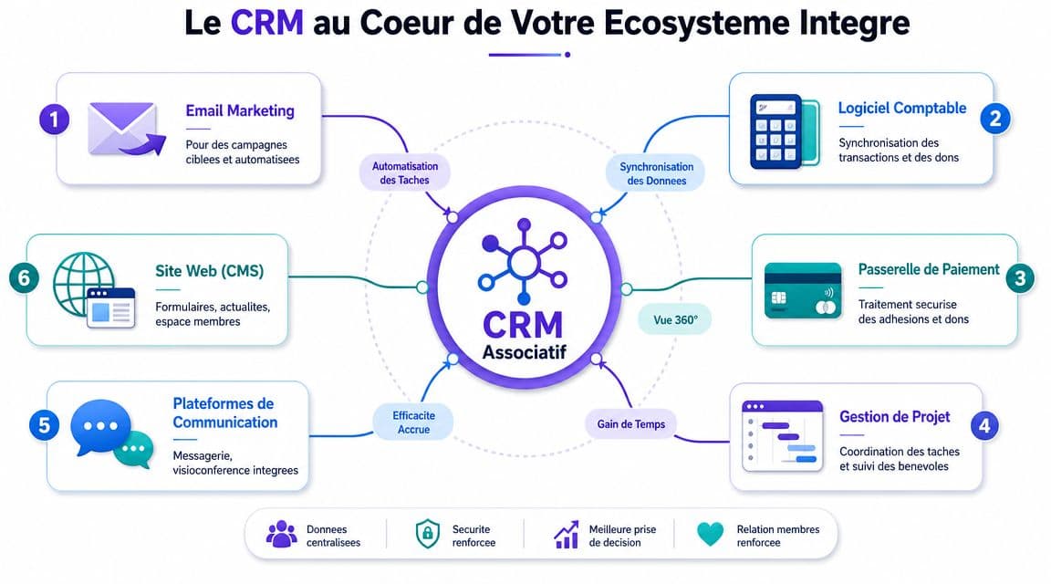 Schéma illustrant comment un logiciel CRM centralise les outils de gestion pour les organisations et associations.