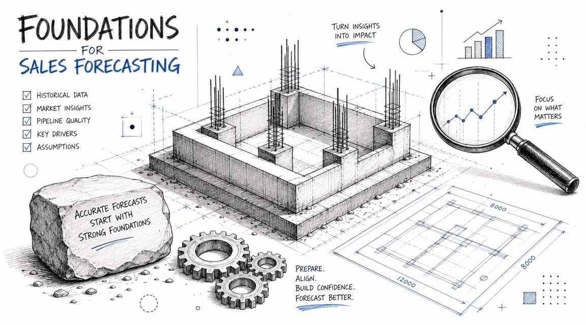 Une illustration technique montrant les fondations du prévisionnel des ventes sous forme de plan de construction architecturale.