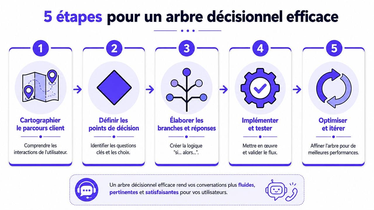 Infographie illustrant les cinq étapes clés pour créer et optimiser un arbre décisionnel efficace pour un service client.