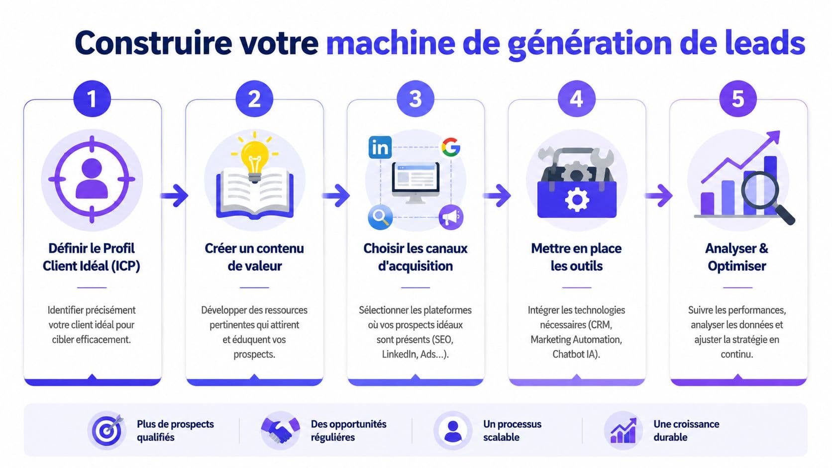 Infographie présentant les cinq étapes clés pour construire une machine efficace de génération de leads B2B.