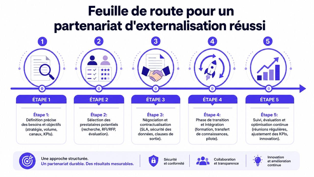 Feuille de route en cinq étapes pour réussir un partenariat d'externalisation de service client structuré.