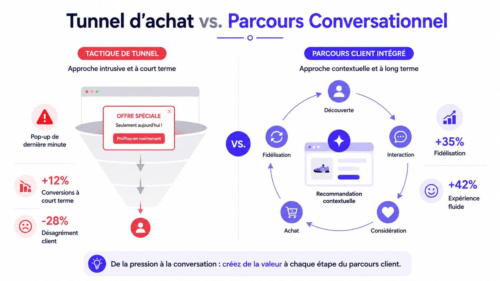 Comparaison entre un tunnel d'achat intrusif et un parcours client conversationnel fluide pour améliorer la relation client.
