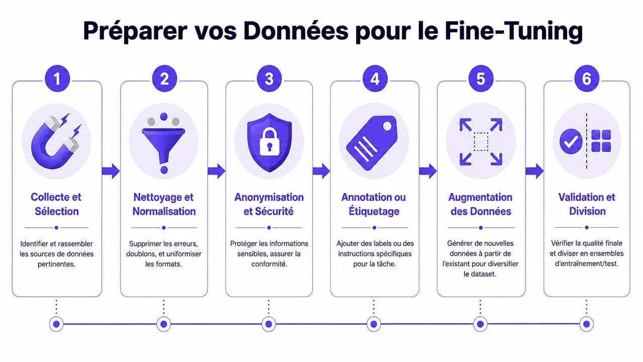 Un schéma en six étapes expliquant le processus de préparation des données pour le fine-tuning des modèles.